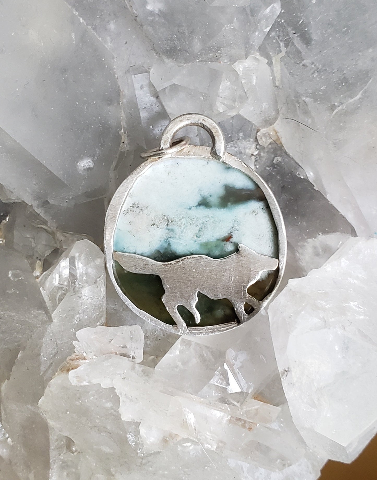 Petrified Wood and Wolf Sterling Silver Pendant