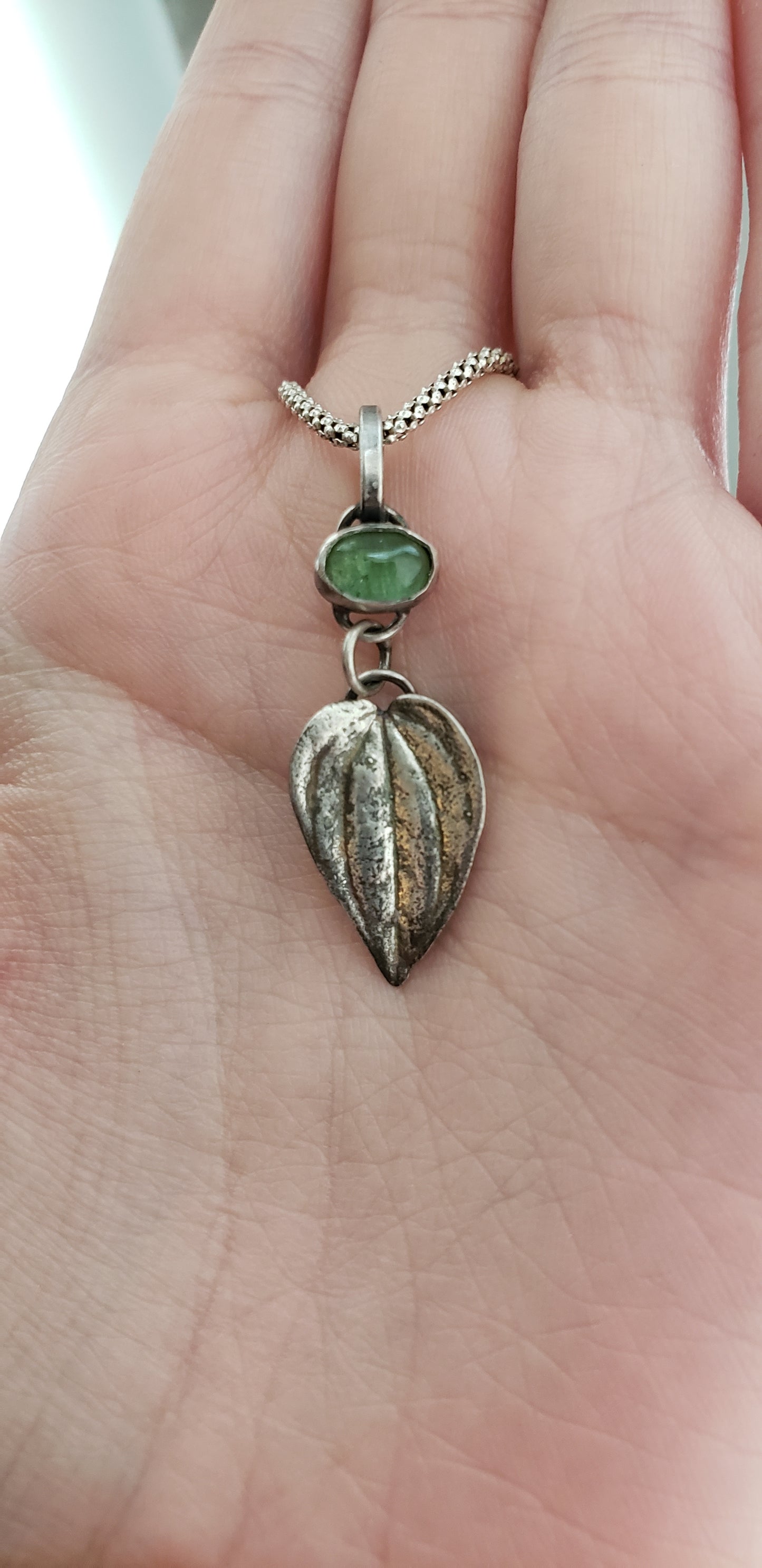 Green Tourmaline and Leaf Pendant