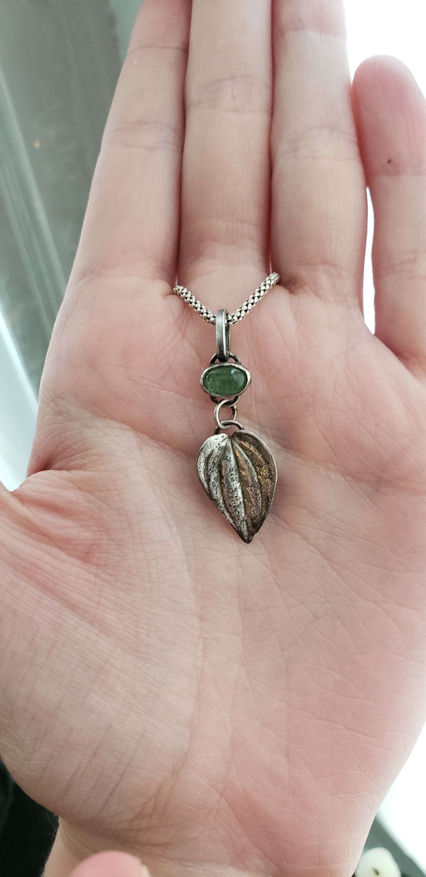 Green Tourmaline and Leaf Pendant