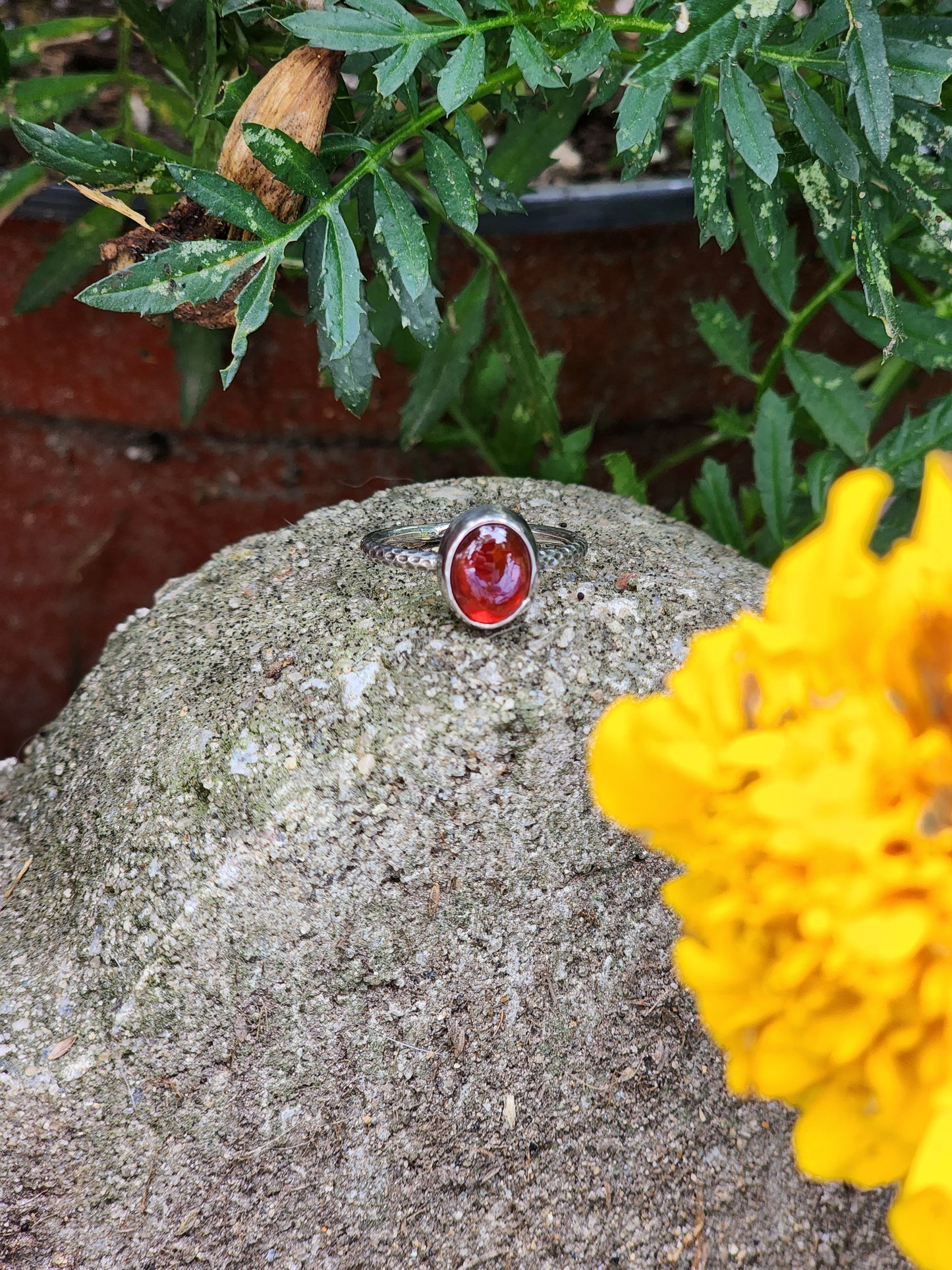 Garnet Ring with Textured Band Size 5.25