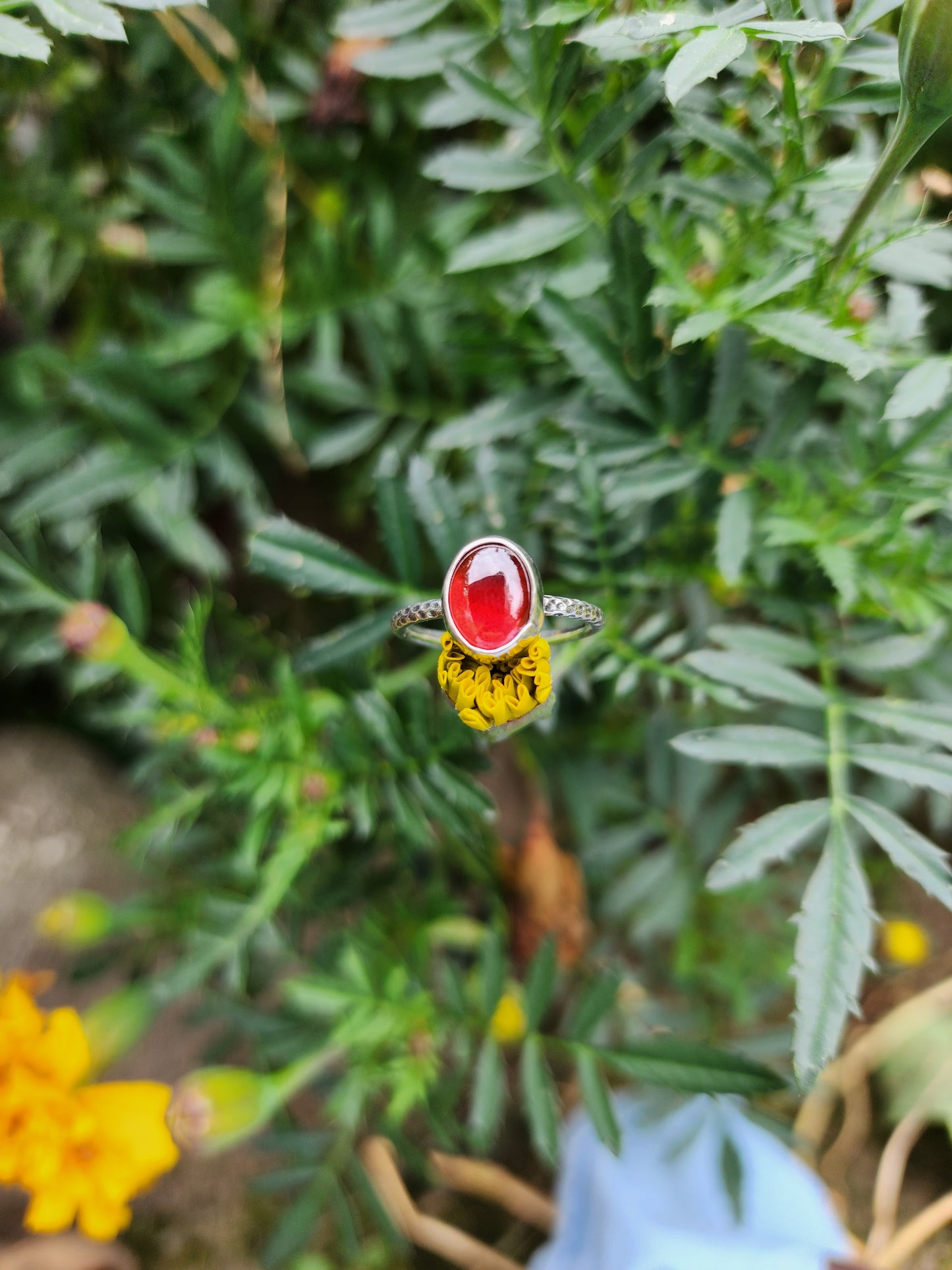 Garnet Ring with Textured Band Size 5.25